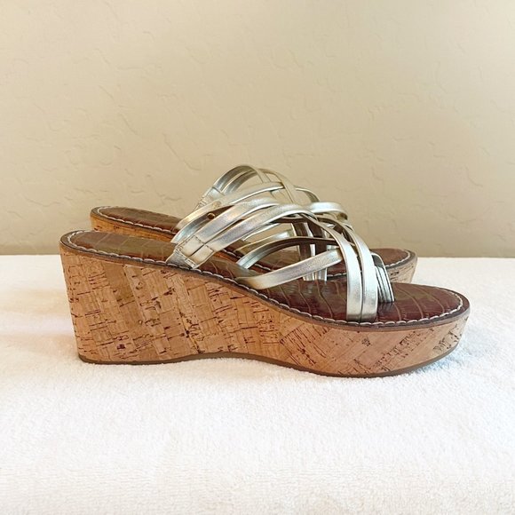 Sam Edelman Sandals 6 Reana Light Gold Strappy Cork Platform Wedge Heel Slides - Picture 5 of 11